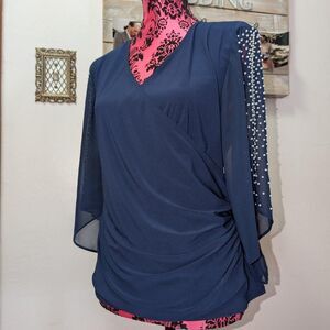 Msk Women's Navy And White Beaded Sleeve Blouse